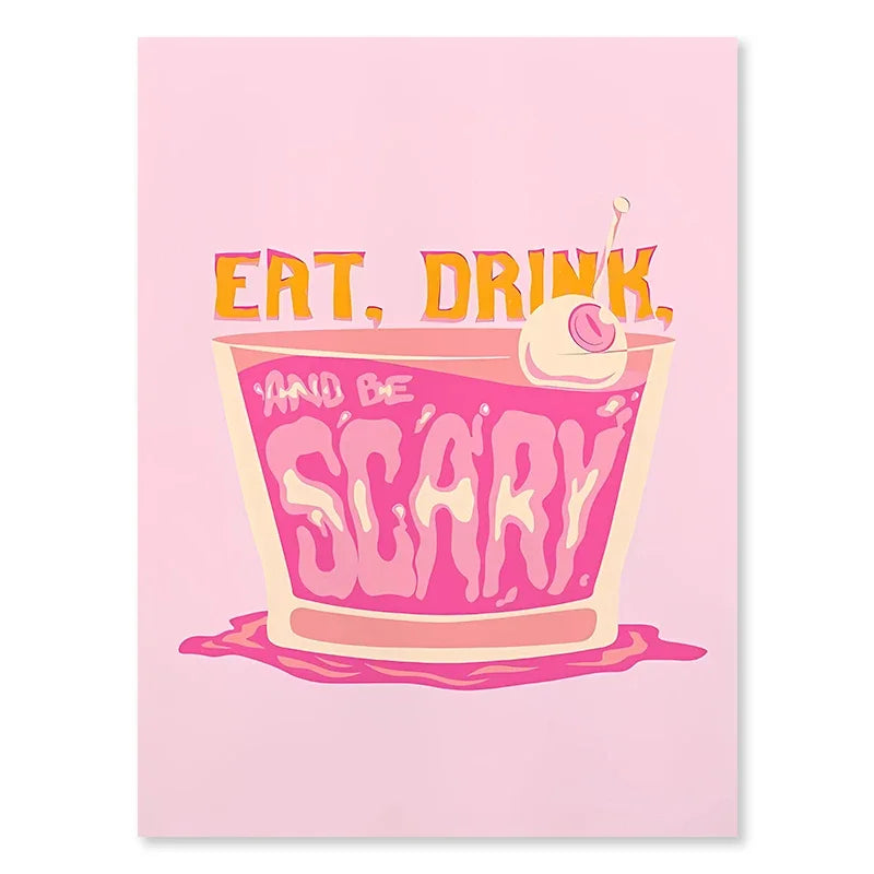 Pink Strawberry Lemon Card Cocktails Drink Posters Retro Canvas Painting