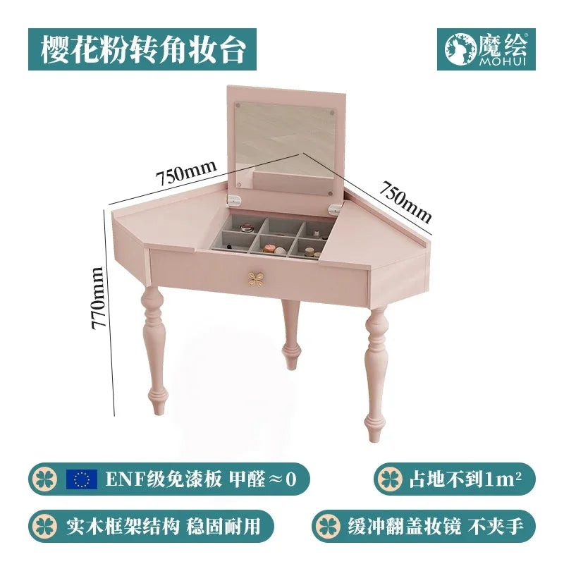 Small Pink Makeup Vanity Table with Mirror and Drawers for Bedroom Storage - Stylish Coiffeuse Furniture