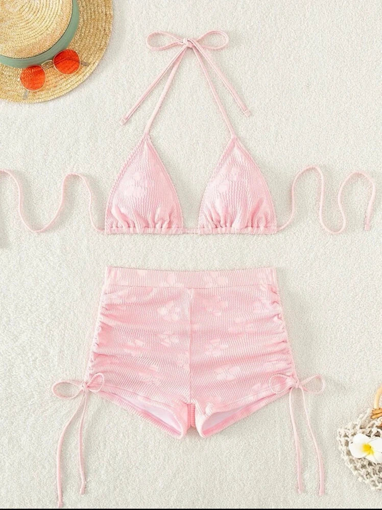 Pink Neck Hanging Sexy Pink Swimsuit 2 Piece Set Halter Bikini Top Knot On The Edge Bikini Bottom Bathing Suit