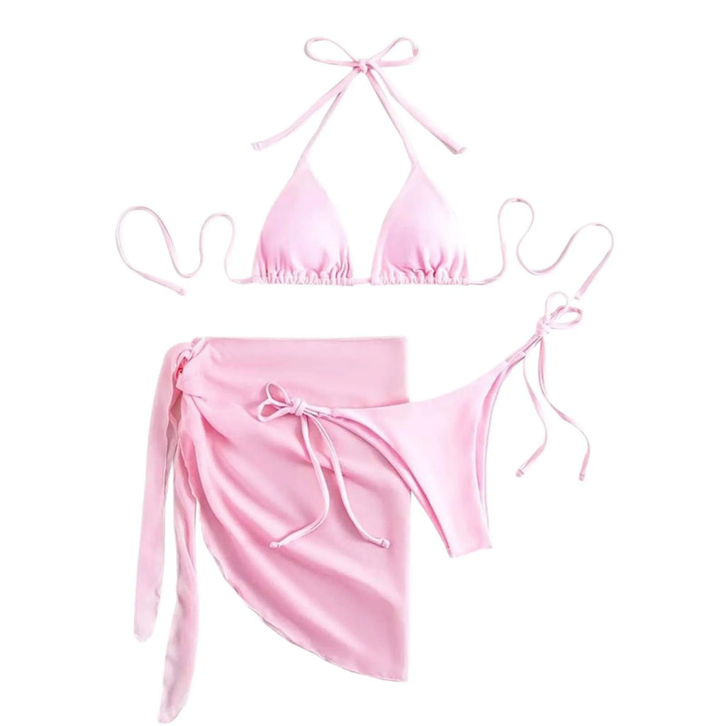 Women Push Up Bikinis Set 3 Piece Mesh Skirts Kontted Bathing Suit Beachwear