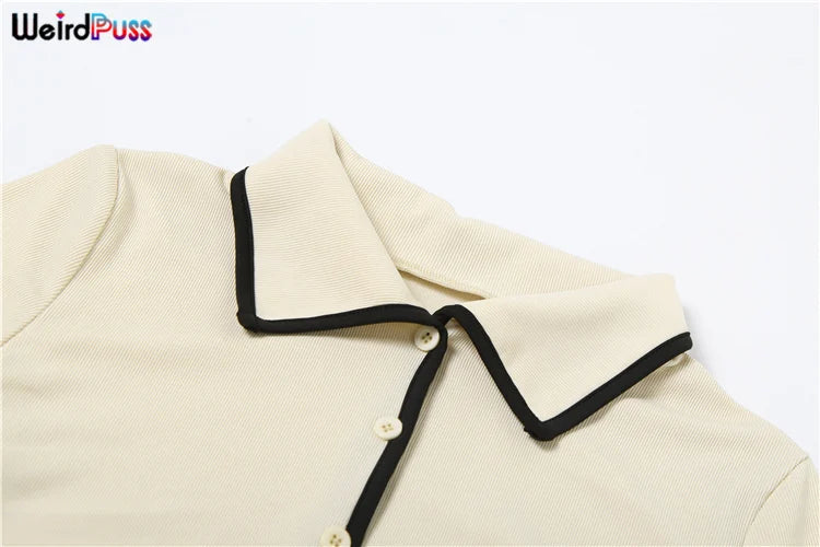 Ribbed Women 2 Piece Set Polo Neck Button Shorts Crop Tops+Mini Skirts Matching Stretch Elegant Streetwear Outfits