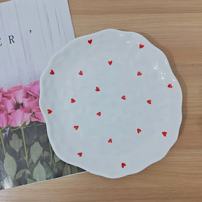 Red Hearts Ceramic Hand-Made Irregular Shaped Porcelain Plates