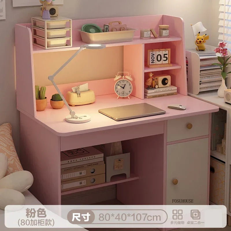 Girl Pink Bookshelf and Bookcase Integrated Study Desk with Storage Gaming Table Modern Office Furniture