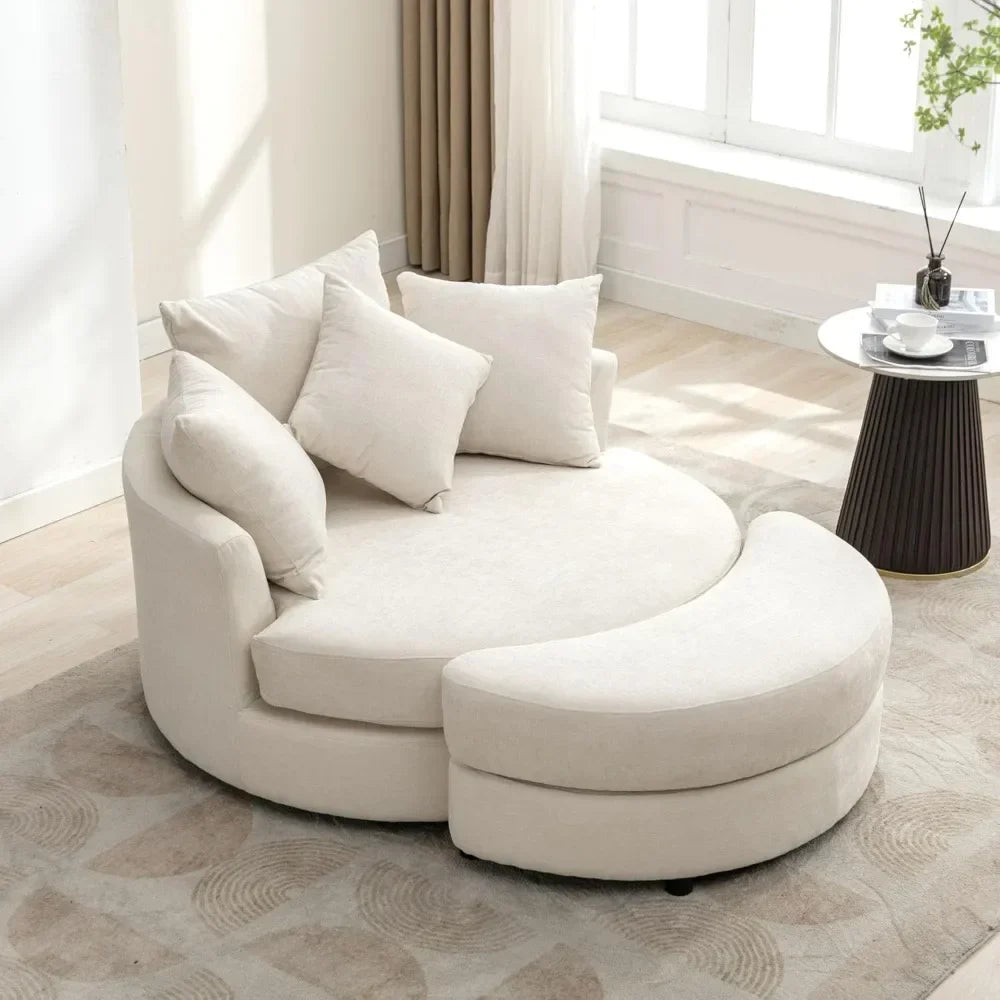 Swivel Book Nook Chair with Storage Ottoman and 4 Movable Pillow Backrest, 360° Rotating Round Barrel Sofa Chair