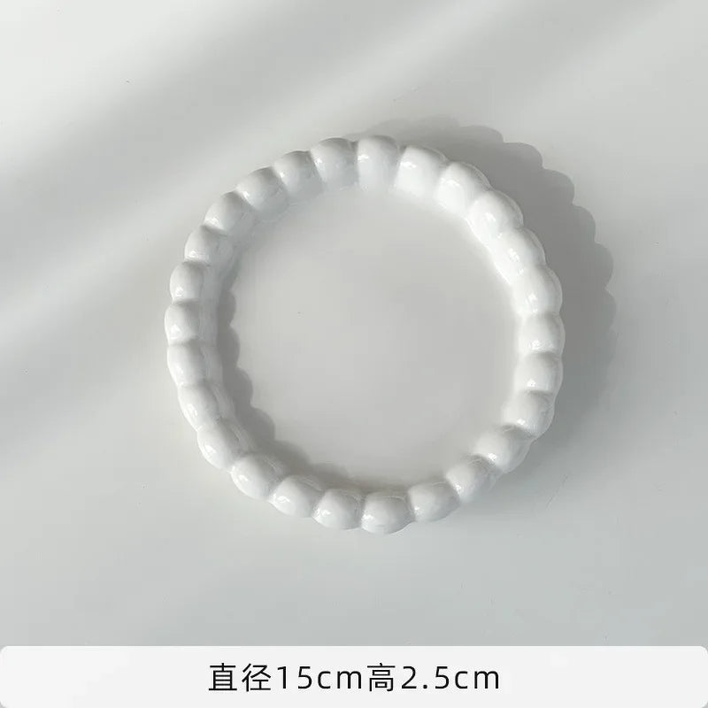 White/Yellow Beads Ceramic Plate Round Tableware Main Dish Decorative Plate Kitchen Utensils