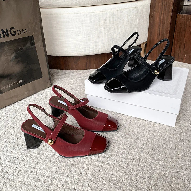 Fashionable High Heels, Summer New Style Spliced One-Strap Sandals, Sexy Exposed Heel Mid-Heel Sandals