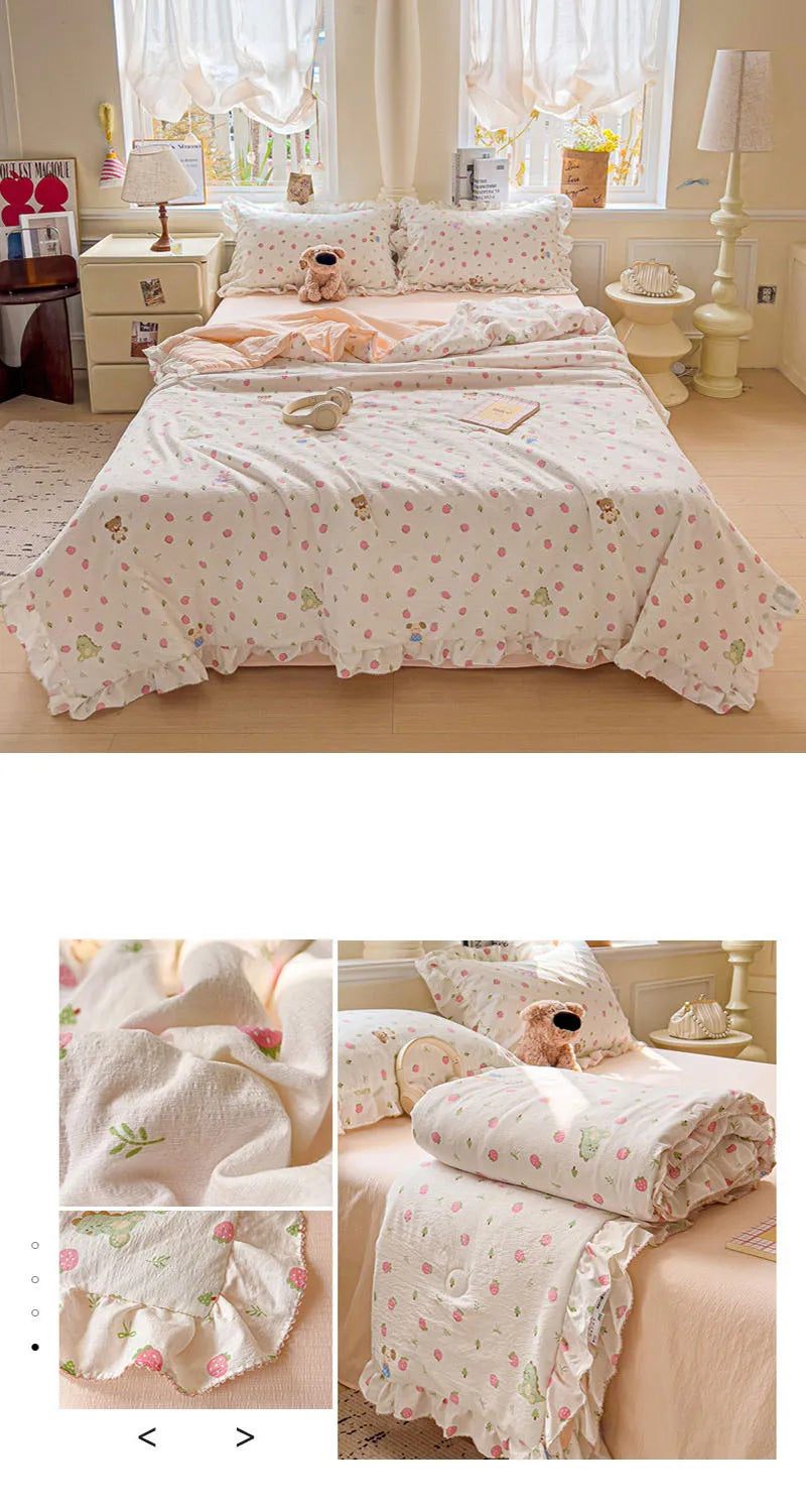 Korean Quilt with Lace and Ruffle Pure Cotton Patchwork Comforter for Summer Skin-Friendly Breathable Cooling Blanket for Home