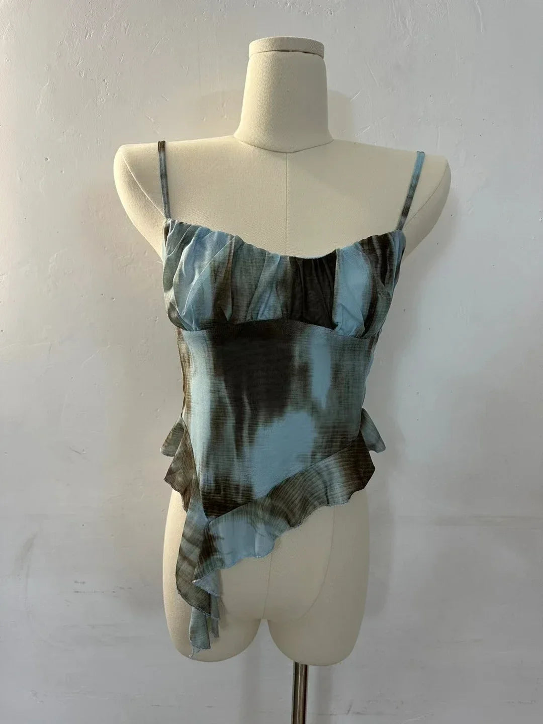 Girls Sweet Ruffles Mesh Camisole Top Lady Camis Sleeveless Printed Floral T shirts Stretch Slim Tanks For Slim Women