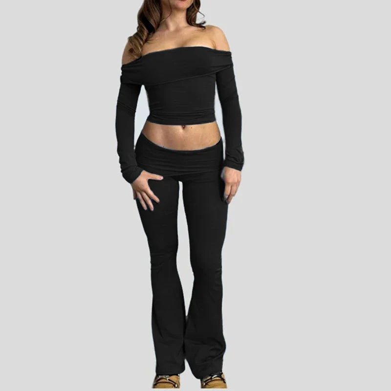 Slash Neck Top and Casual Pants Sets Women's Two Pieces Of Outfits Streetwear Solid Fashion Y2K Basic Slim Clothes