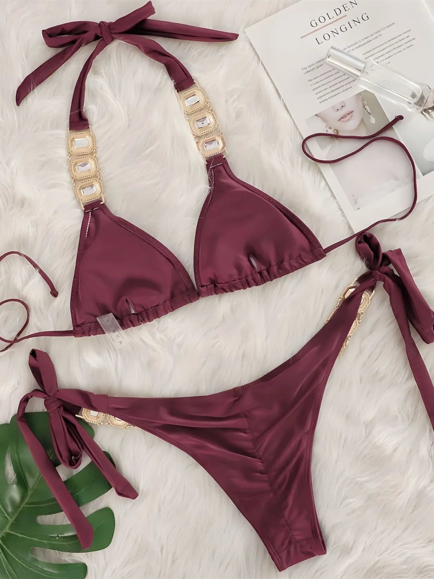 Sexy Rhinestone Bikini Set Women Luxury Pink Crystal Diamond Push Up Bandage Thong Swimsuit