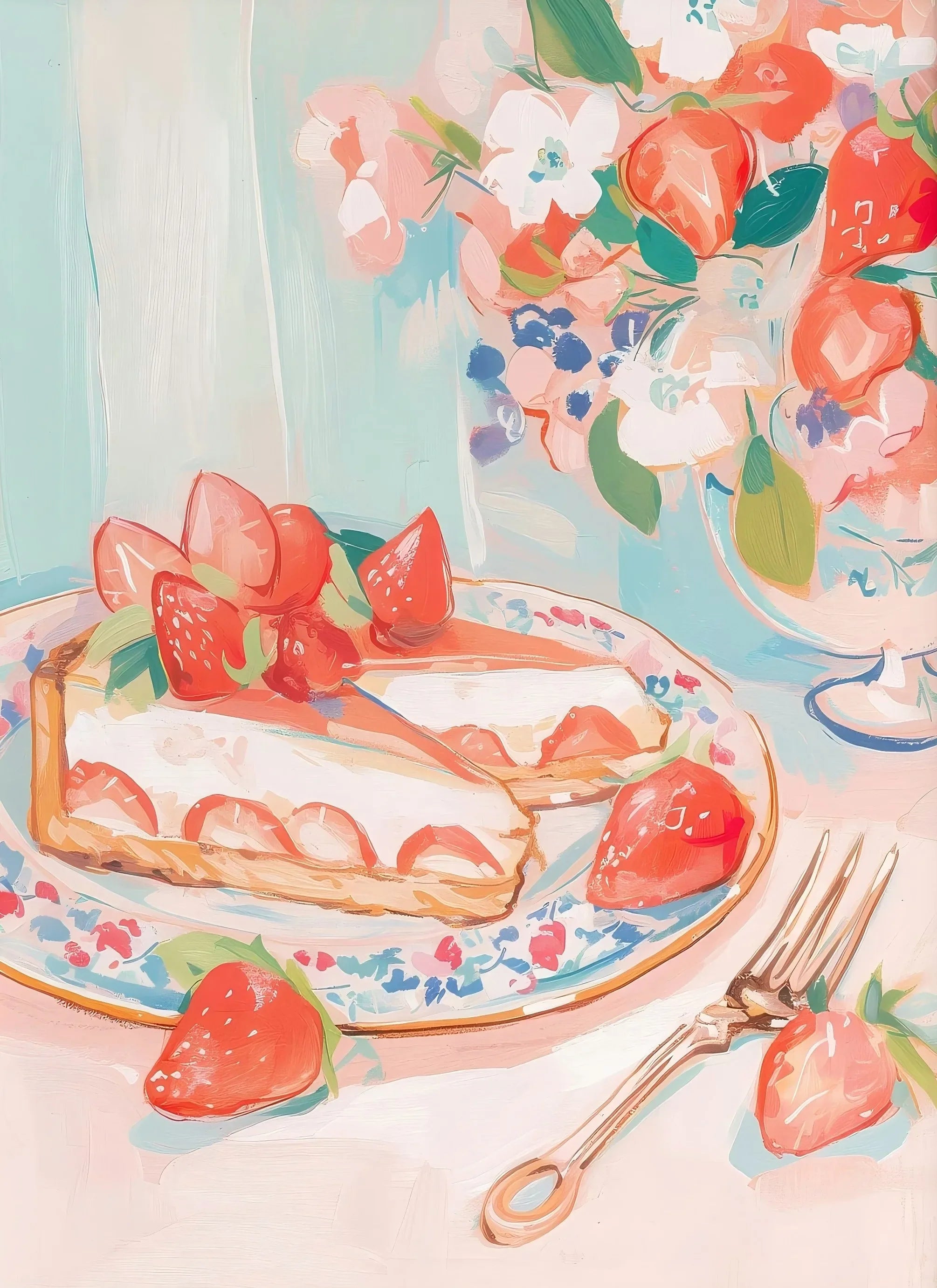 Retro Pink Cake Shop Dessert Gourmet Strawberry Cake Tea Poster Canvas Painting Prints Art Pictures Wall Decor