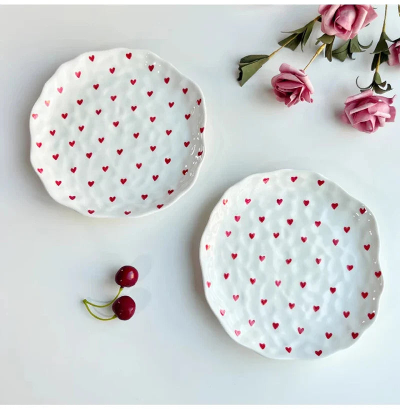 Red Hearts Ceramic Hand-Made Irregular Shaped Porcelain Plates