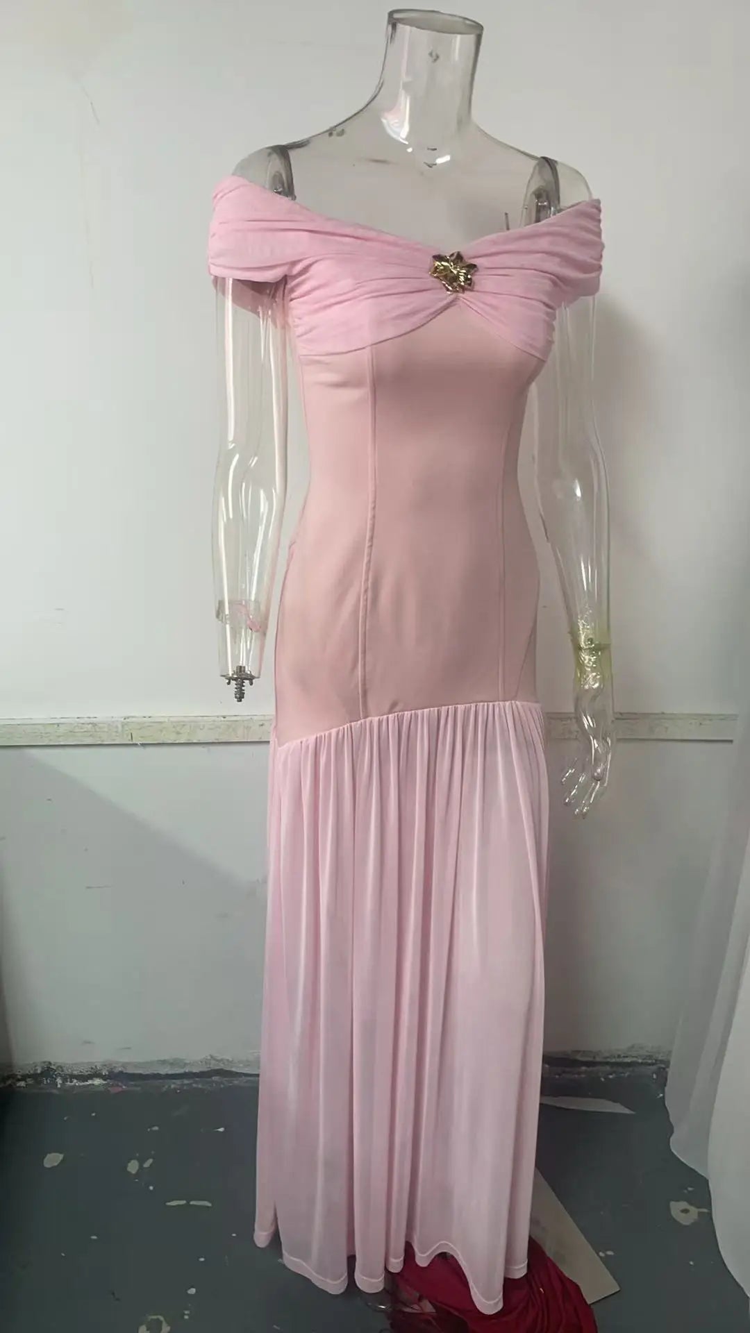 Women Pink Off the Shoulder Maxi Dress Bodycon Party