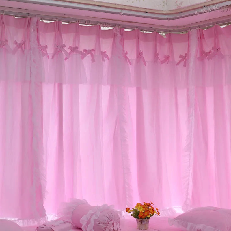Princess Style Window Curtains, Cotton, Pink Lace, 2 Layer Curtain