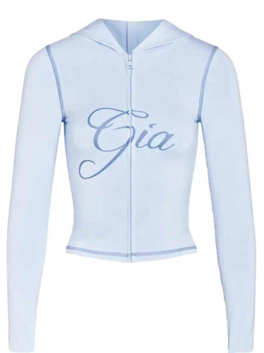 So Y2K Blue Cotton Zipper Hooded Long Sleeved High Stretch Top Low Waist Micro Flared Pants For Women