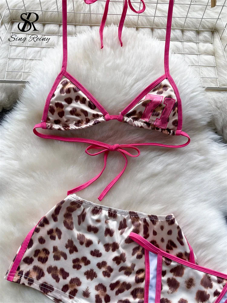 Leopard Bikini Hotsweet Three Piece Set Halter Bra+Slim Shorts+Mini Briefs Women Lace-Up Backless Sexy Suits
