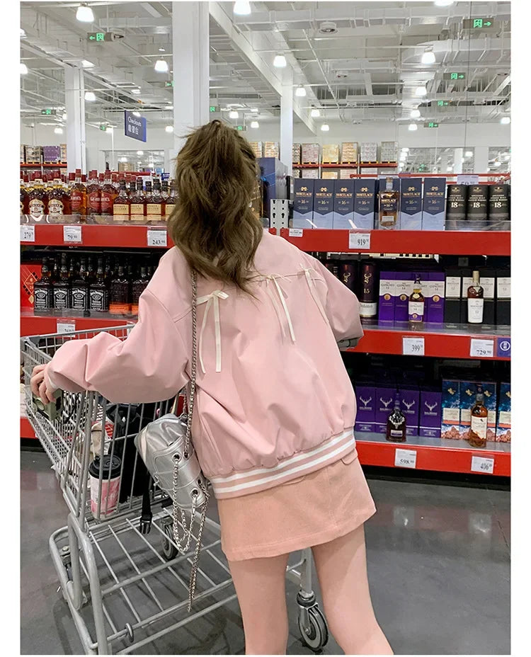 Sweet Butterfly Knot Pink Baseball Jacket Women's Spring Autumn Casual Loose Fit round Neck Full Sleeve Fashionable Coat