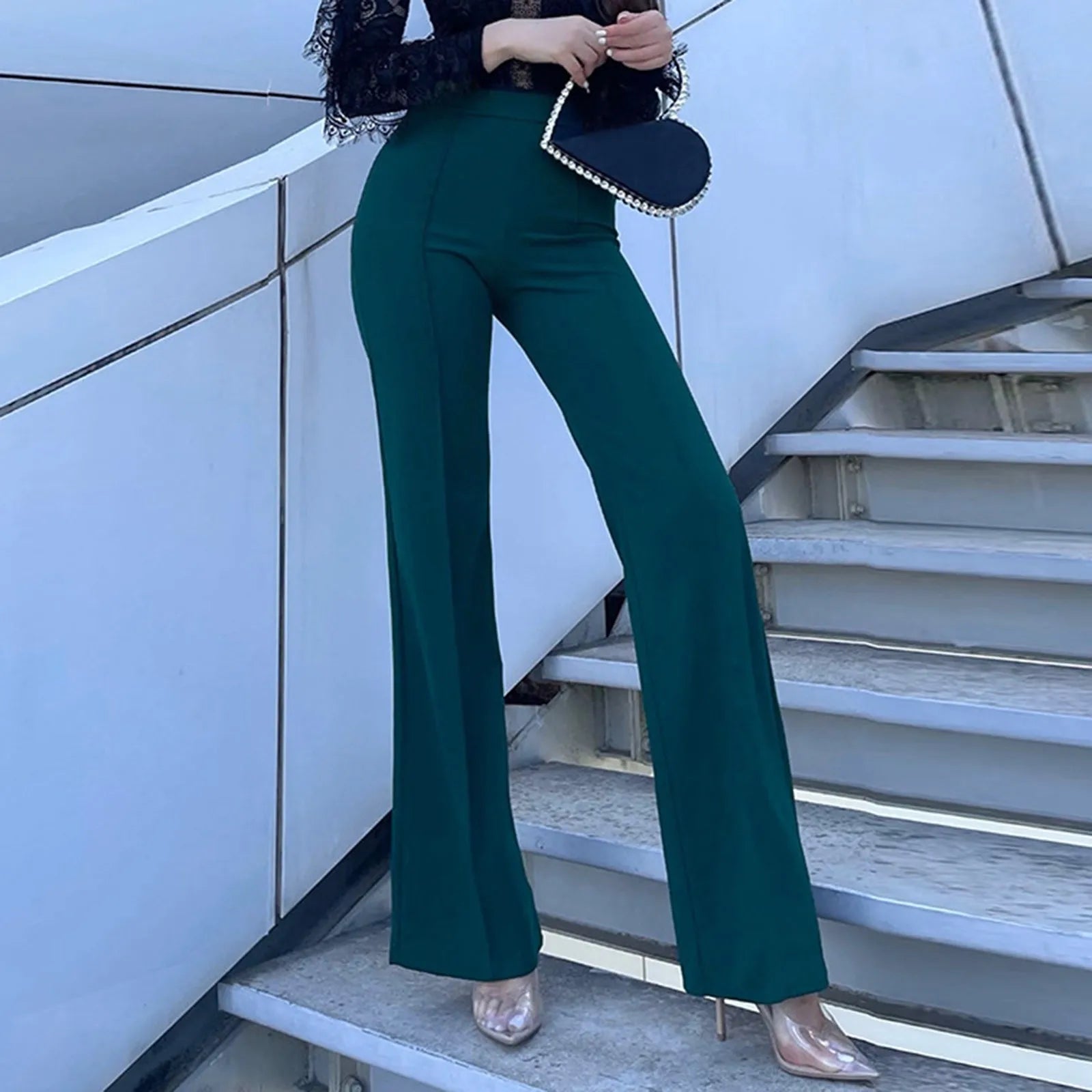 Women Fashion White Flare Pants Solid Color High Waist Sexy Slim Pants Elegant Casual Elastic Trousers