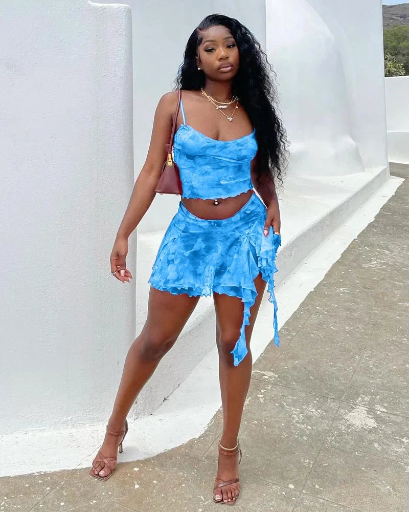 Women's Fashionable Mesh Printing Sexy Side Slit Mini Two Piece