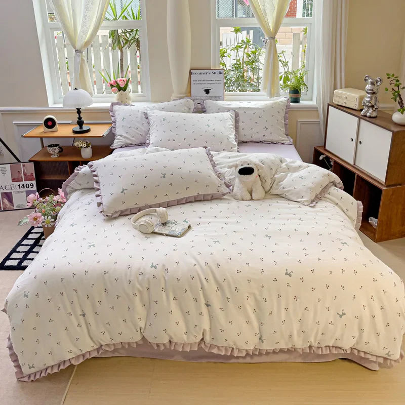 Princess Style Flowers Ruffles Soft Skin-friendly Duvet Cover Set Pillowcases Bedding Set