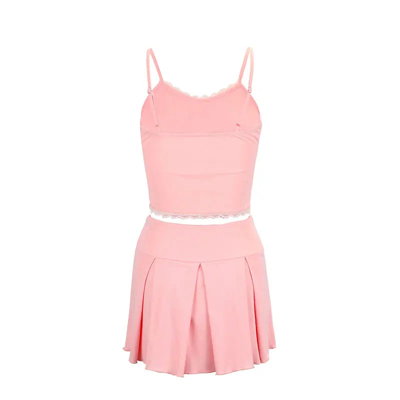 Women's 2 Piece Streetwear New Bow Pleated Skirt Pink Sweet Sexy Lace Backless V-Neck