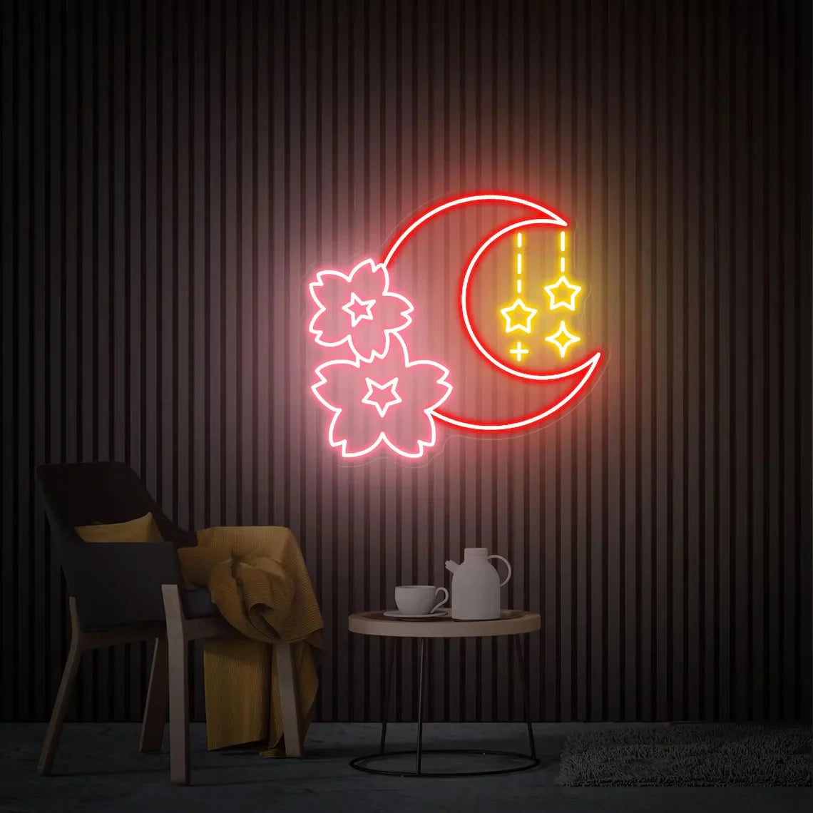 Sakura and Moon Neon Sign, Cherry Blossom