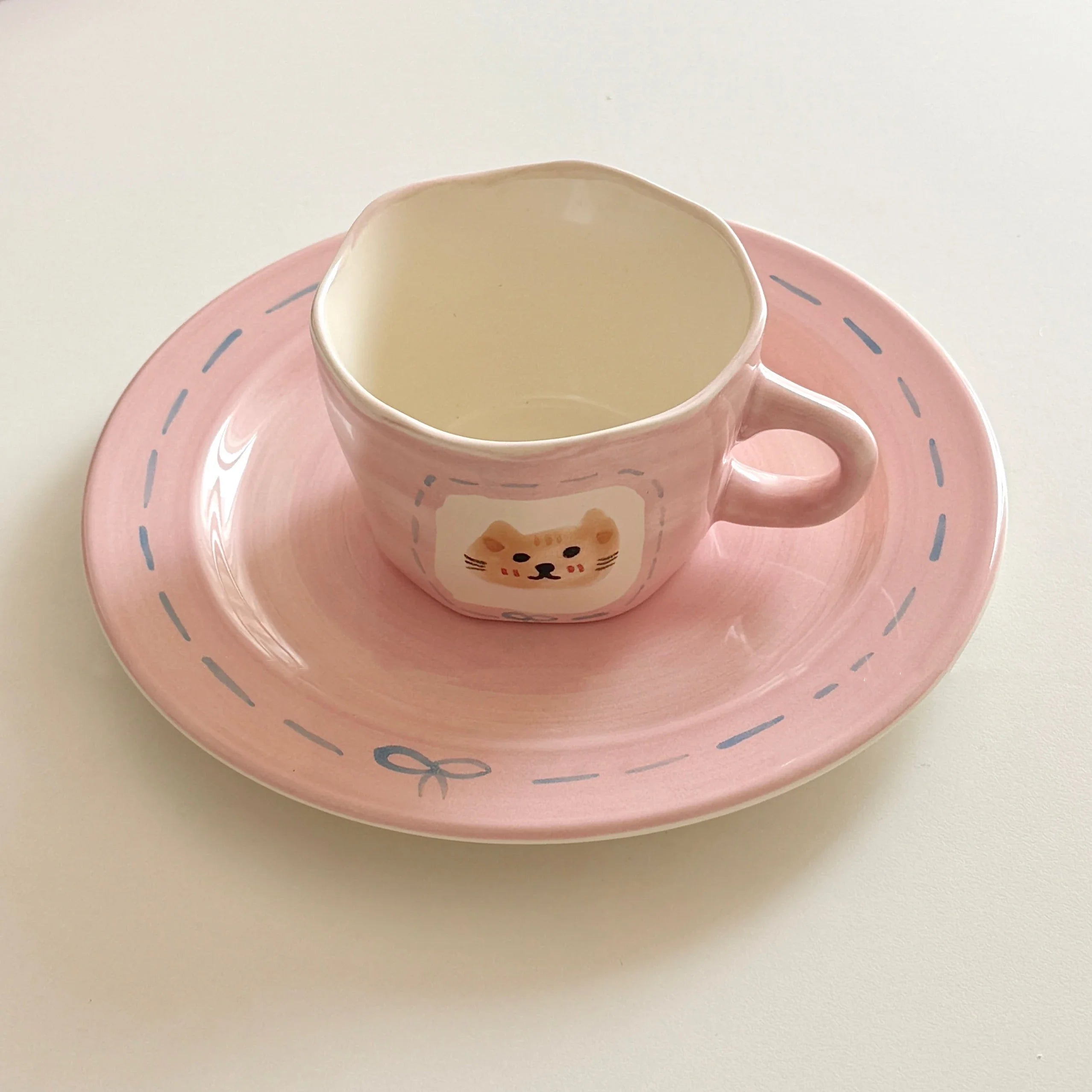 Cute Pink Hand Drawn Ceramic Line Bows 7.9 Inches Serving Plates