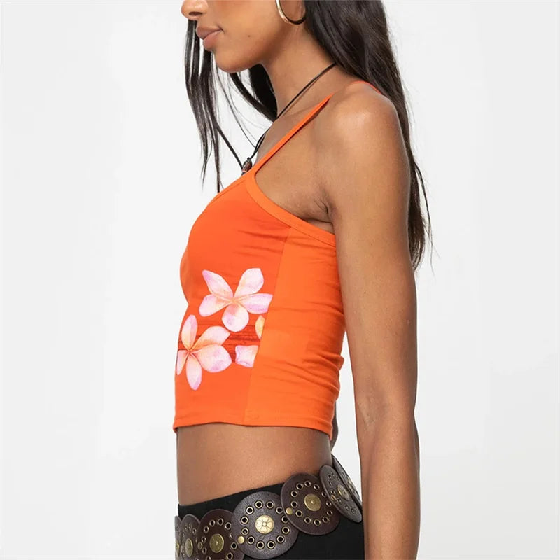 Orange Y2k Floral Cami Tank Top Women Sexy Spaghetti Strap Flower Crop Top Slim Fit Scoop