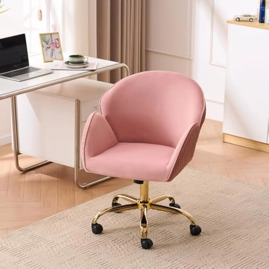 Velvet Home Office Desk Chair with Gold Wheels, Cute Vanity Chair, Modern Swivel Desk Chair with Back, Upholstered Tufted