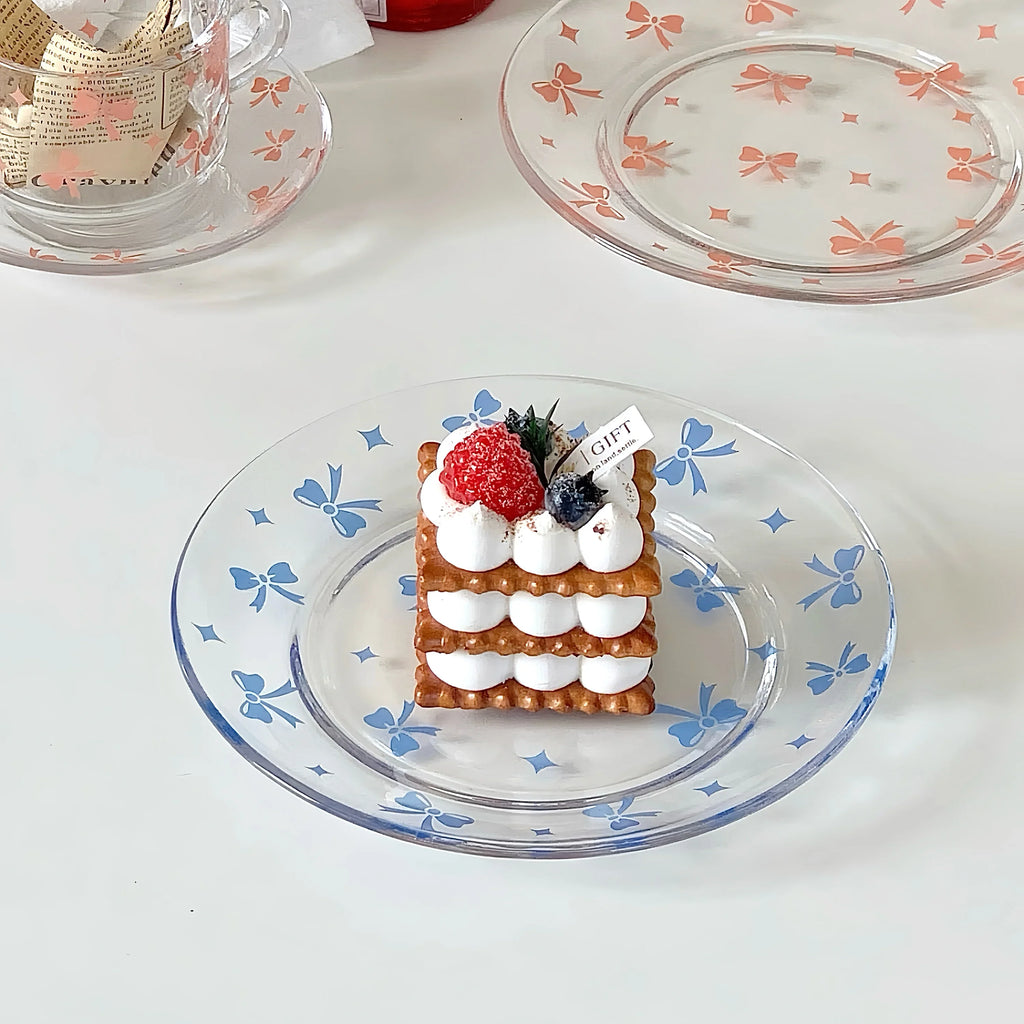 Pink and Blue Bow Glass Plate Plate