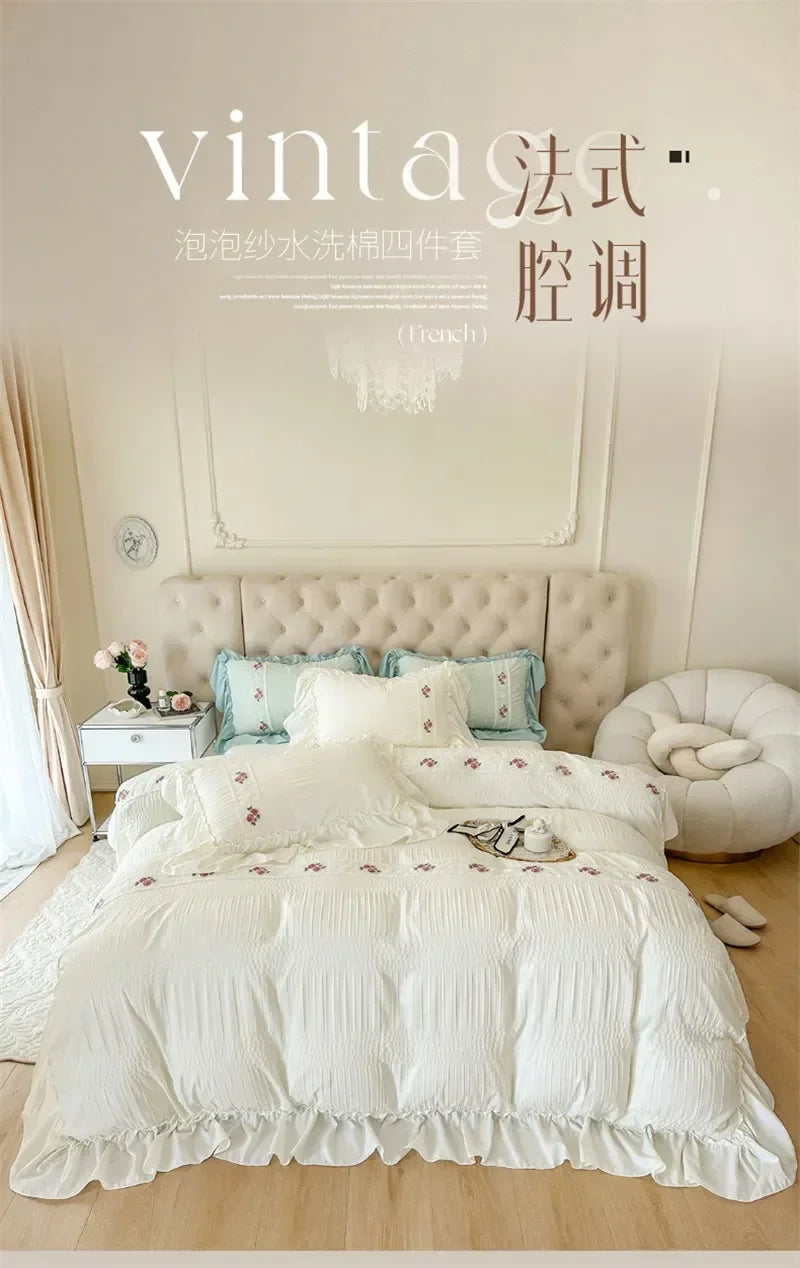 French Embroidered Lace Bubble Gauze Bedding Set Elegant Princess Style Duvet Cover Set Ruffled Comforter Cover Sets