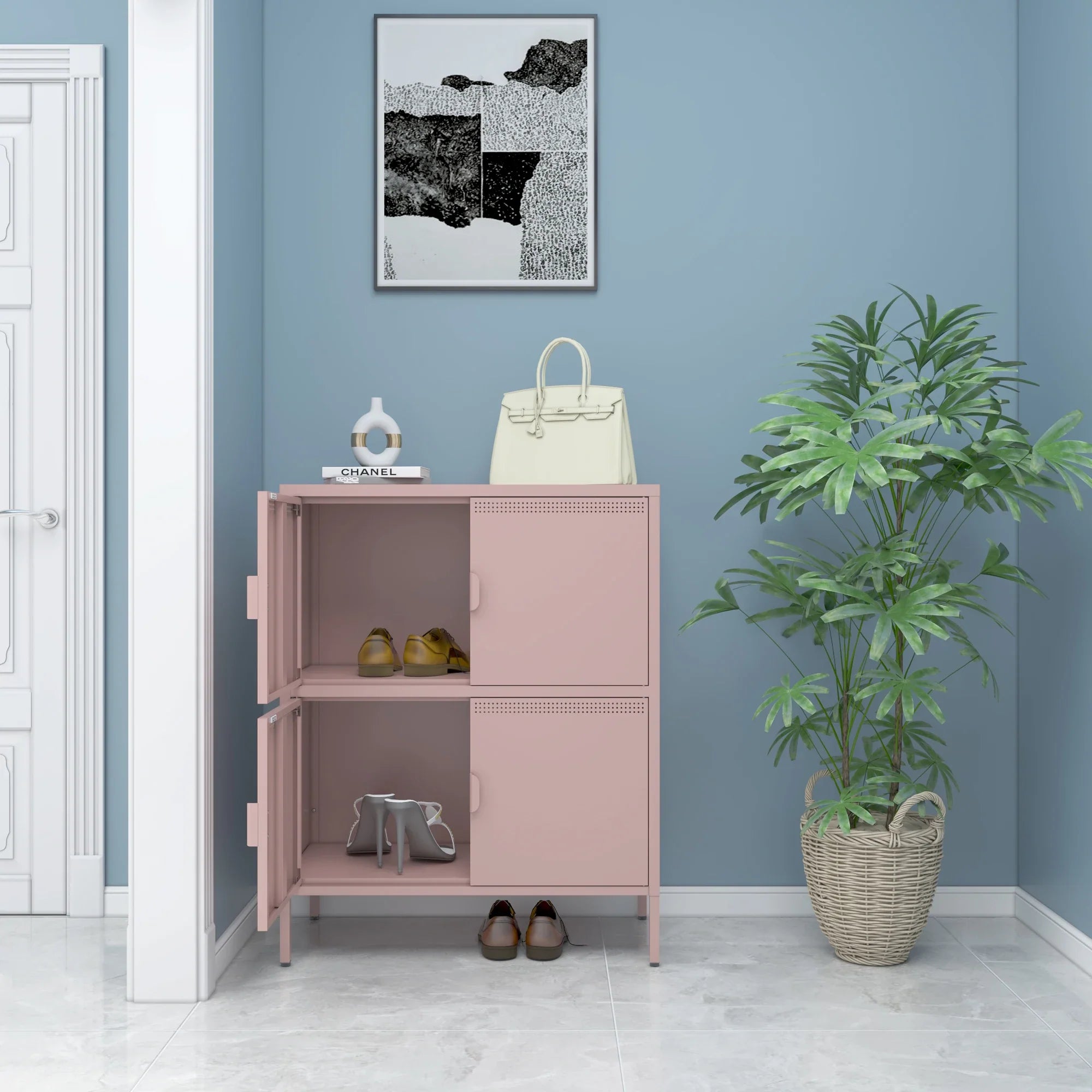 Metal Locker Storage Cabinet with 4 Doors, Metal Cabinet,Locker Dresser Cabinet for Home Office (Pink)