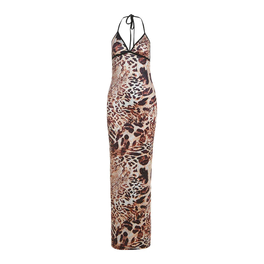 Sexy Maxi Dress Women Backless Coquette v-Neck Snake Print Sleeveless