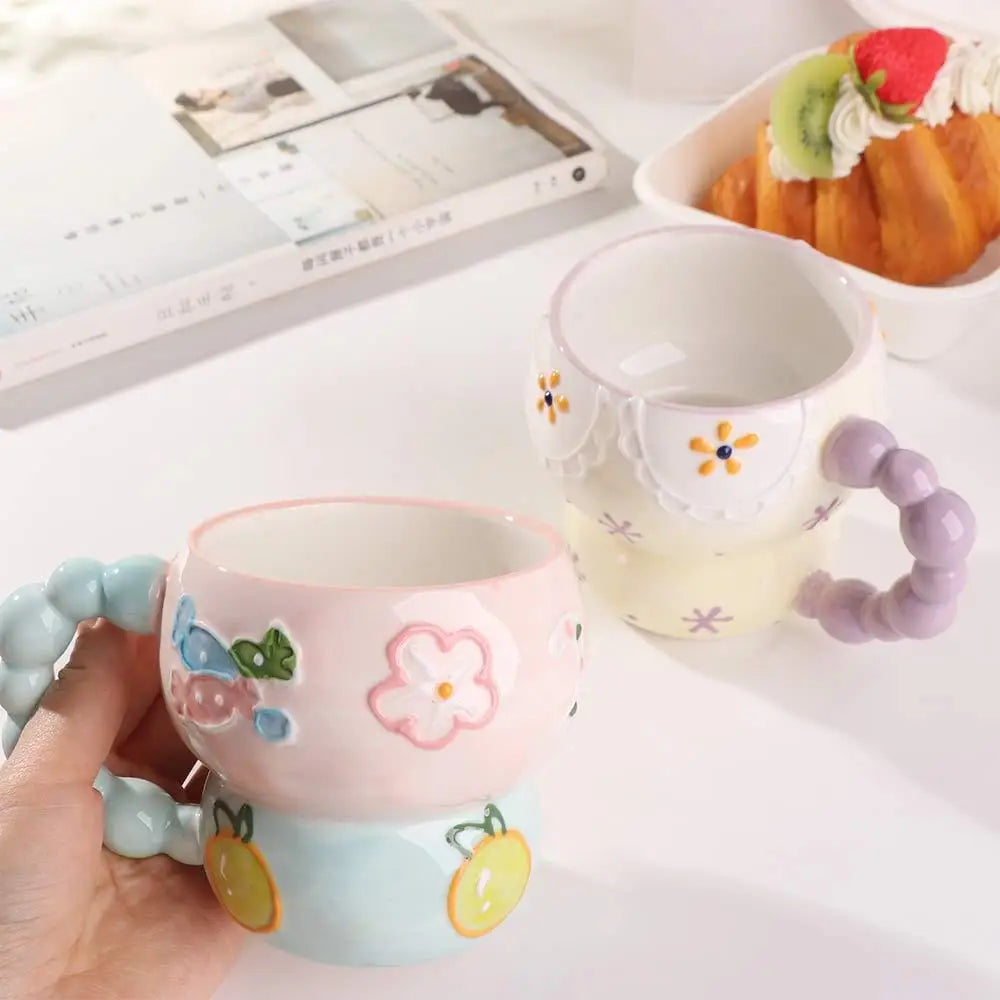 Cute Ceramic Breakfast Cup Hand Painted Large Capacity Floral Pattern Cup