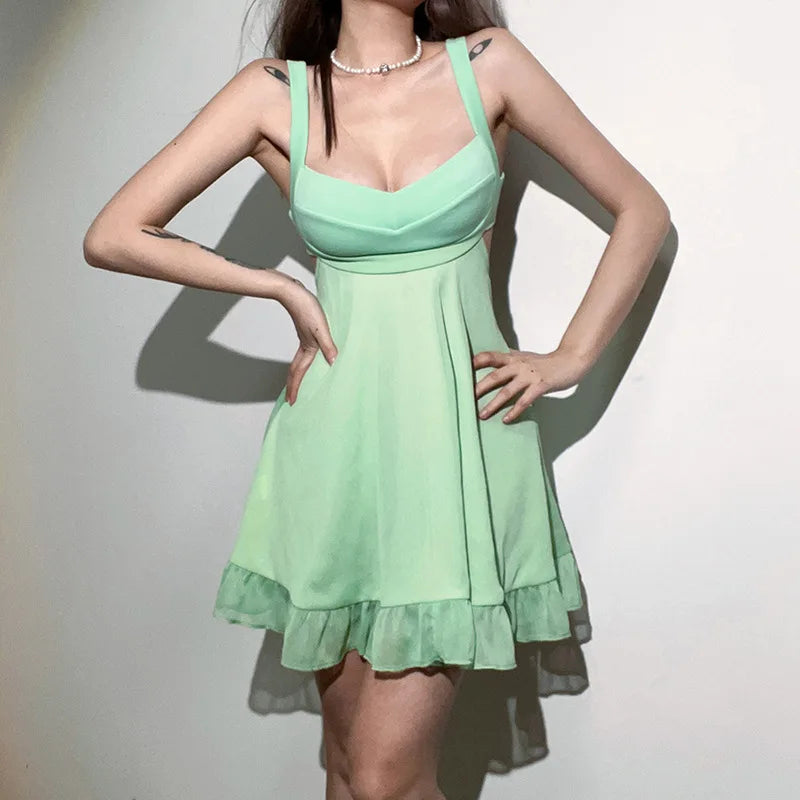 Solid Color Cutout Slim Sling Dress Sexy Backless Ruffle Dress Female
