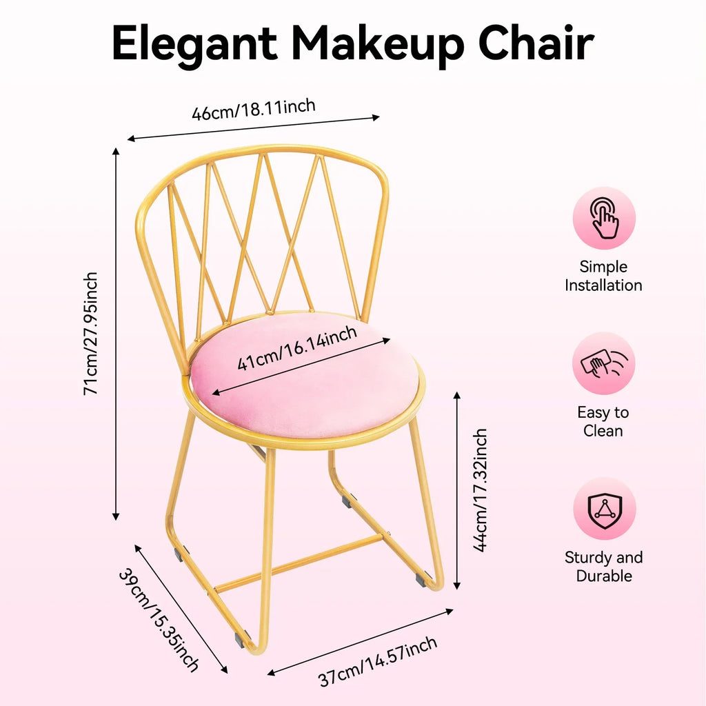 Pink Velvet Makeup Chair with Gold Base 50mm Thick Cushion & Modern Vanity Stool Foldable Backrest Freestanding