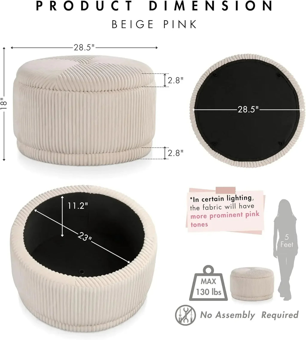 Modern Chenille 29-inch Round Storage Ottoman with Flip Top, Upholstered Footstool, Circle Coffee Table