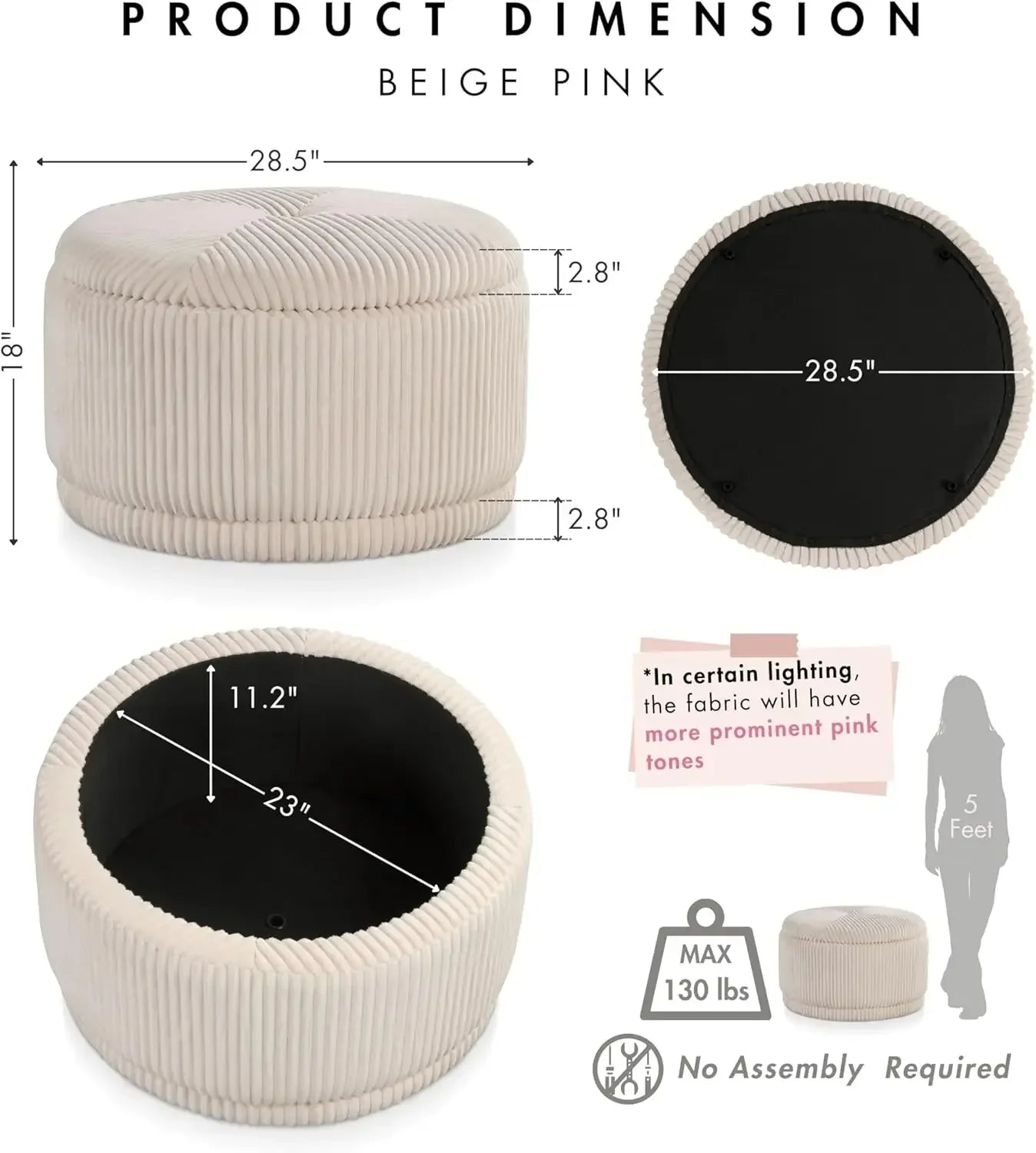 Modern Chenille 29-inch Round Storage Ottoman with Flip Top, Upholstered Footstool, Circle Coffee Table