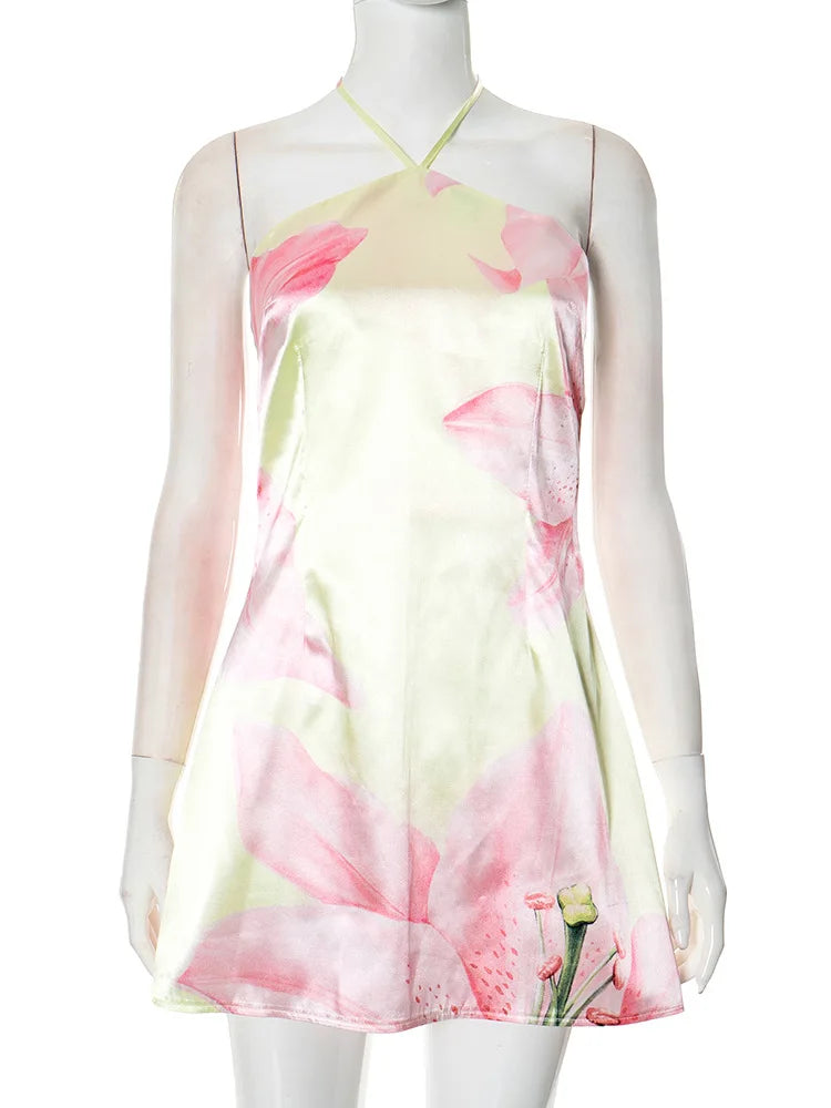 Halter Contrast Print Lace Up Fashion Slim Mini Dress A-line Dress