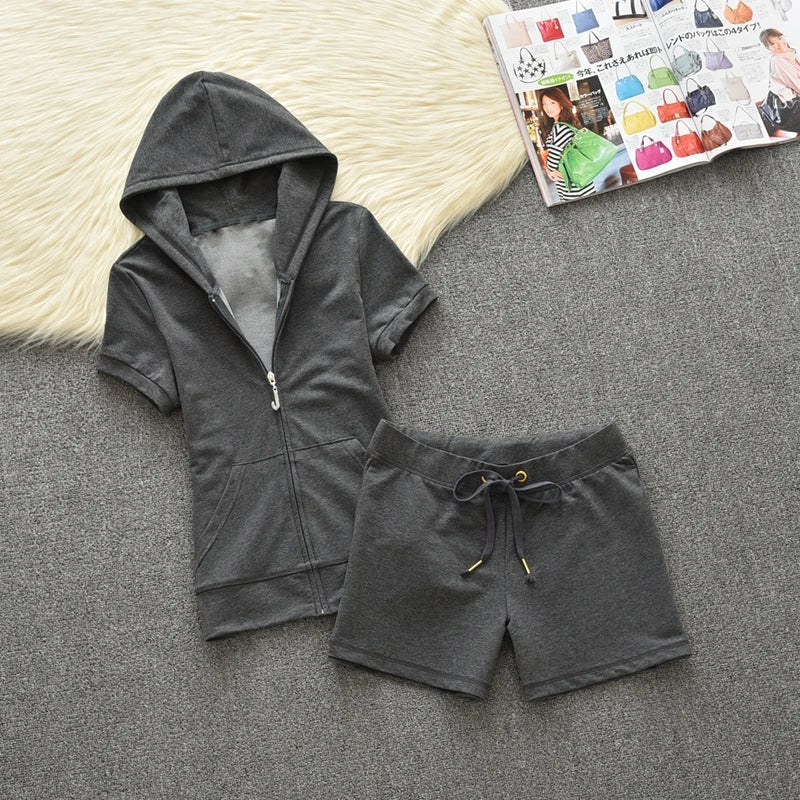 Summer Cotton Hoodie Sport Set Women's Solid Color Short Sleeve Shorts JC Summer Casual Fashion Two Piece Set