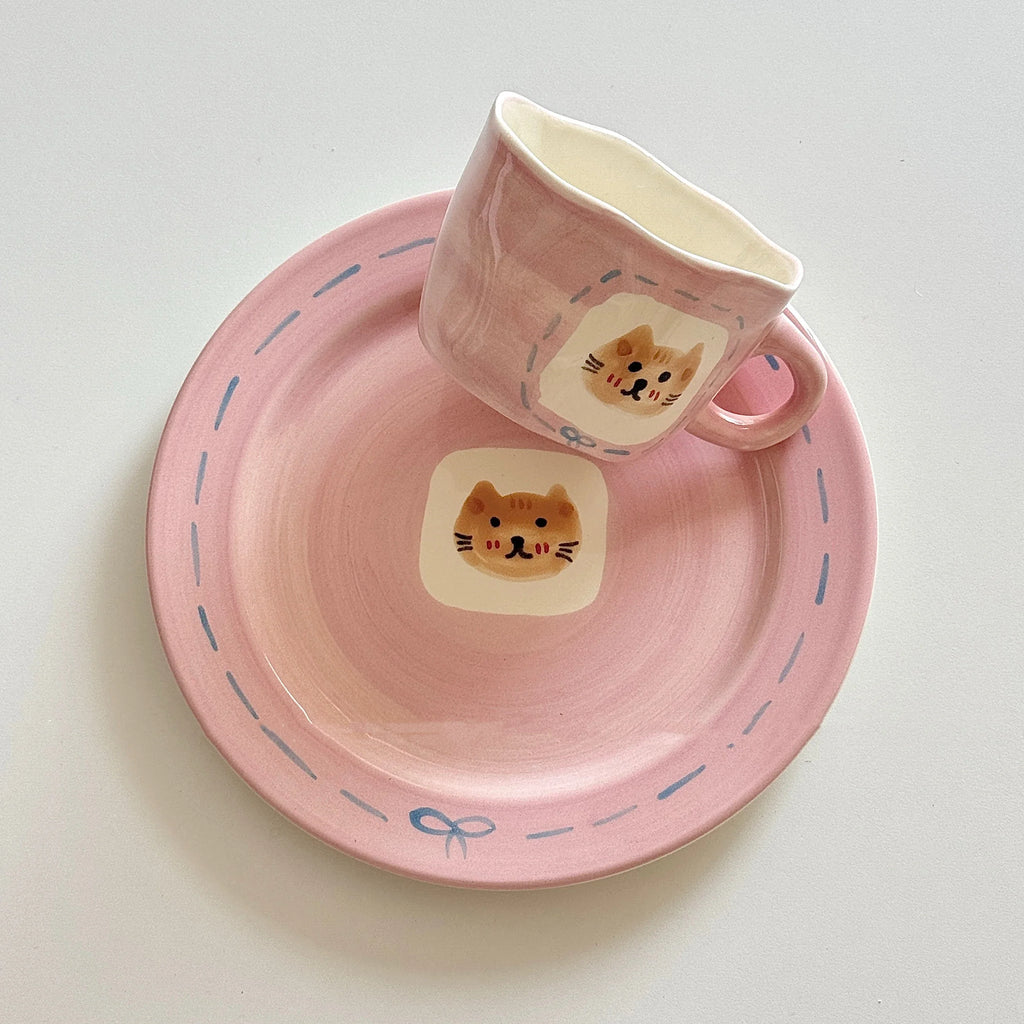 Cute Pink Hand Drawn Ceramic Line Bows 7.9 Inches Serving Plates