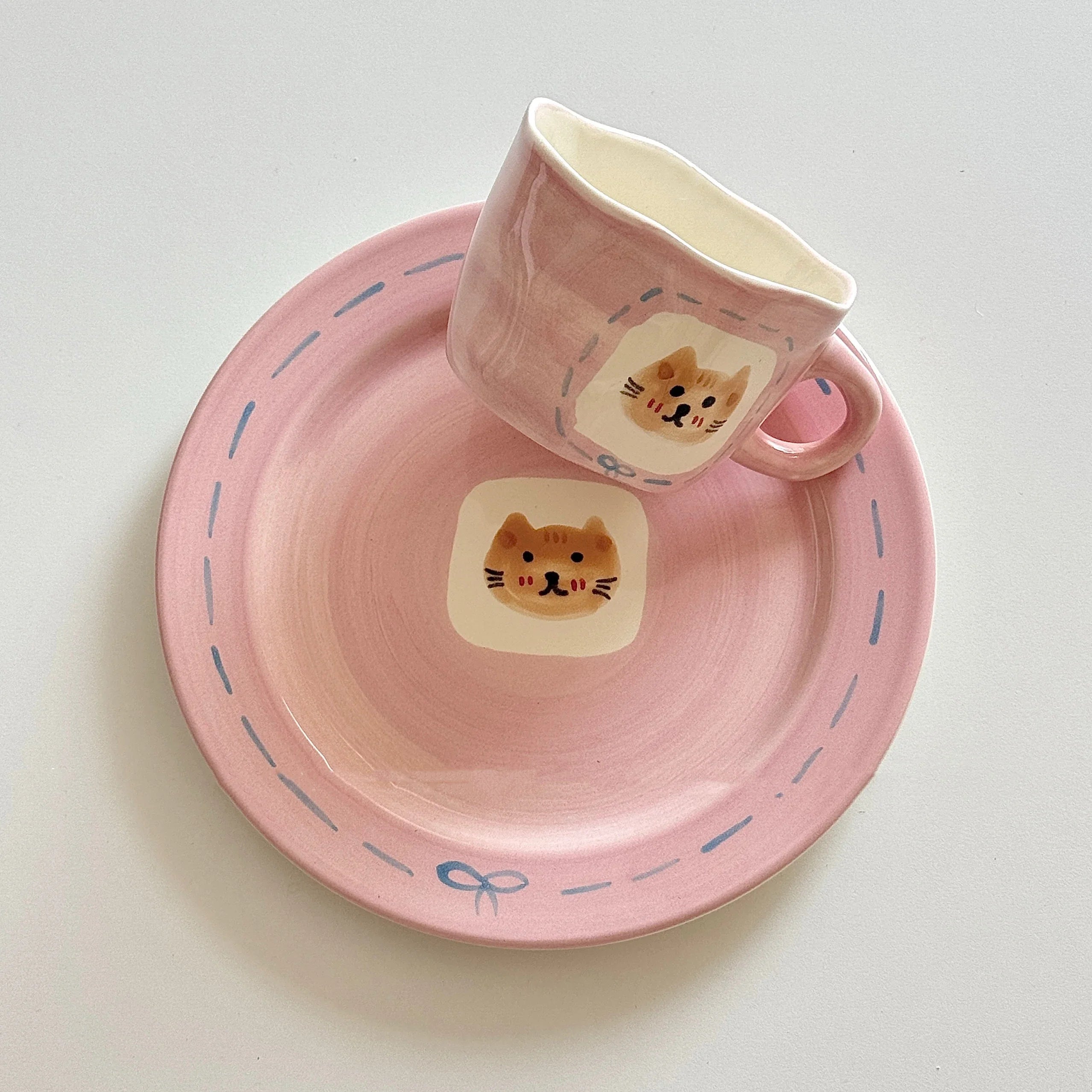 Cute Pink Hand Drawn Ceramic Line Bows 7.9 Inches Serving Plates