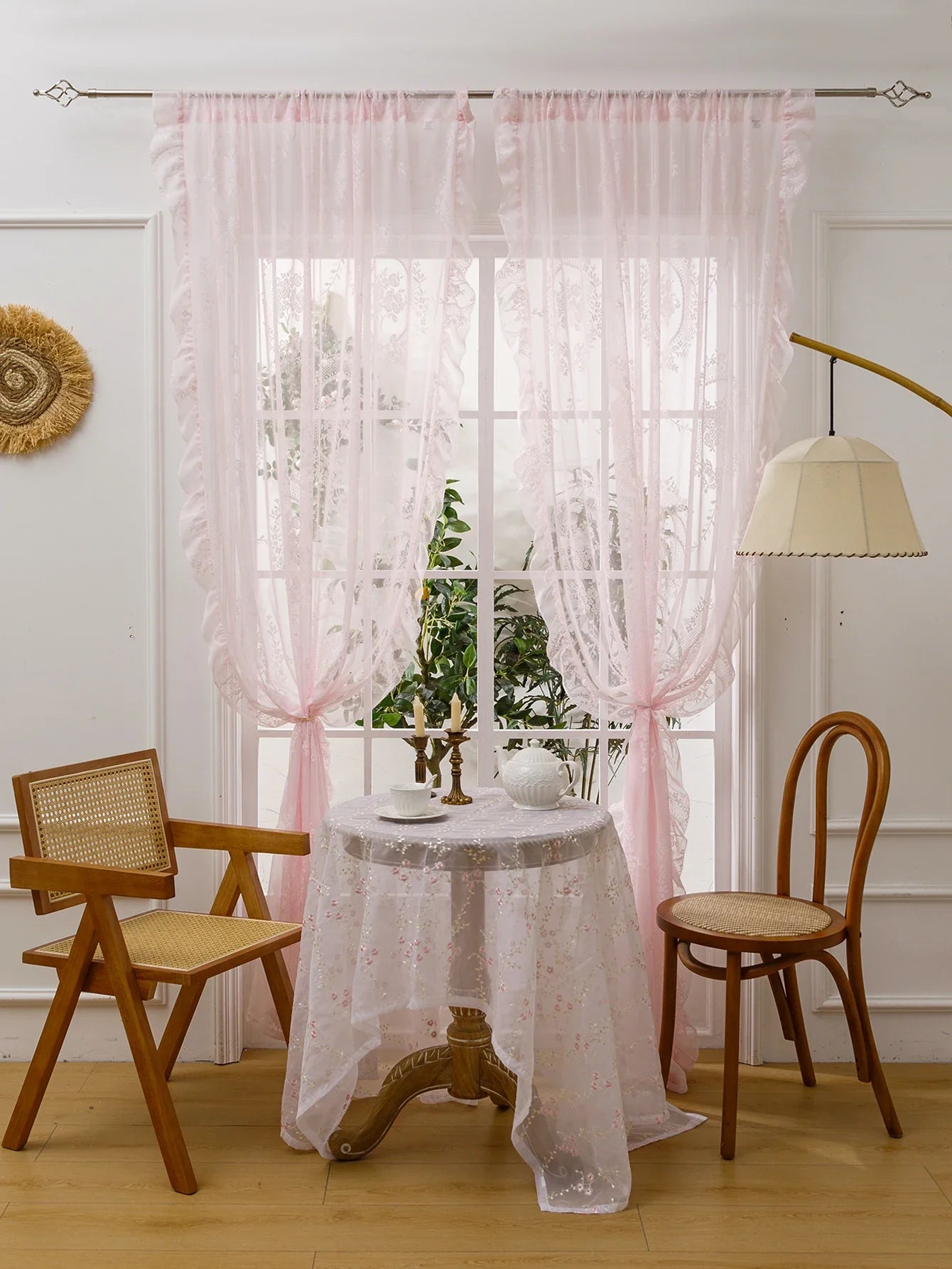 Pink Lace Round Mirror Rod Pocket Curtains for Girls Cute Atmosphere Bedroom Balcony Home Decor Curtains