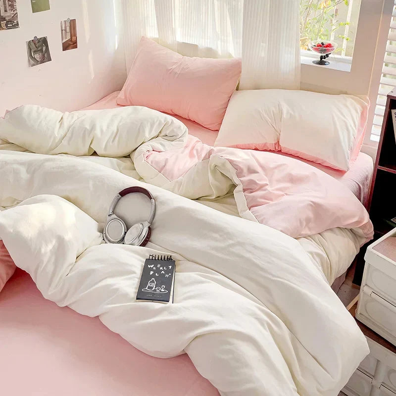 Solid Bed Linen Cotton Bedding Set 4pcs with Sheet Duvet Cover Pillowcases Single Couple Bedsheet