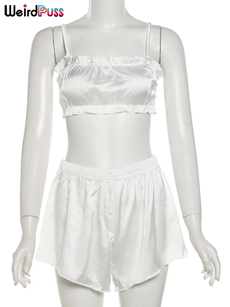Silky Elegant Women 2 Piece Set Casual Sleeveless Ruffles Camisole+Button Shorts Matching Streetwear Casual Outfits
