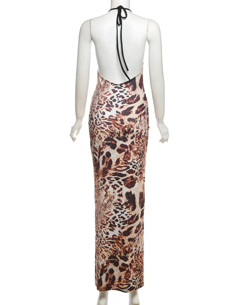 Sexy Maxi Dress Women Backless Coquette v-Neck Snake Print Sleeveless