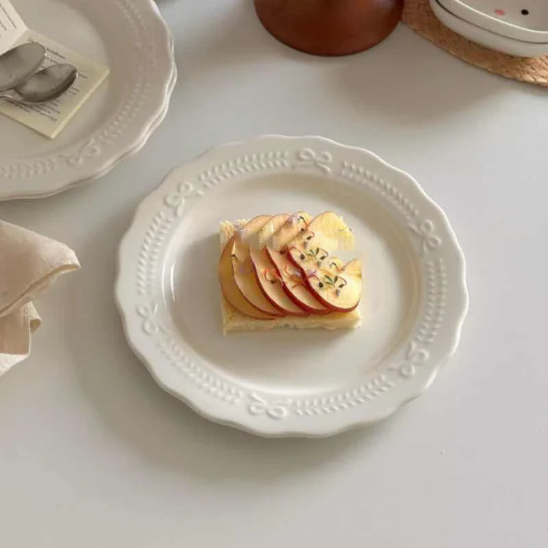White Bow Embossed Ceramic Plate Dish Simple Dessert Disc 20.5cm Tableware