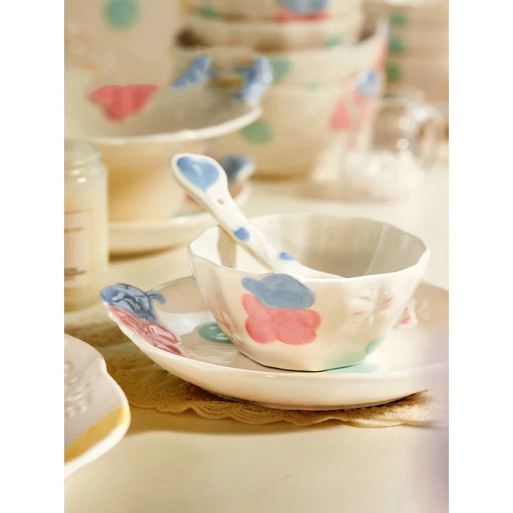 Cute Pattern Ceramic Plates Print Round Deep Tableware