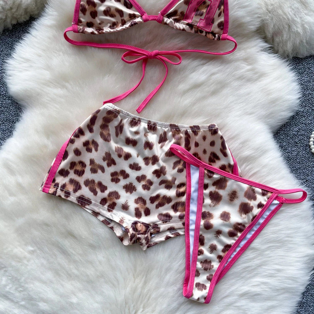 Leopard Bikini Hotsweet Three Piece Set Halter Bra+Slim Shorts+Mini Briefs Women Lace-Up Backless Sexy Suits