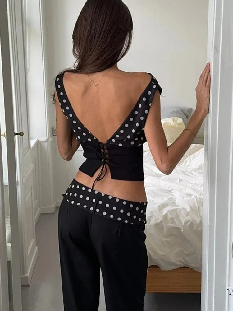 Sexy Off Shoulder Print Polka Dot Women Top White Patchwork Backless Bandage Top Female Spring Slim Casual Streetwear